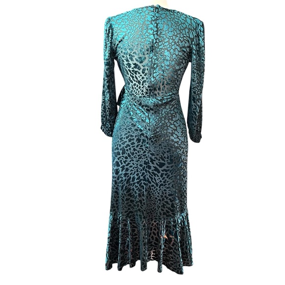 Calvin Klein Dress Size 4 Velvet Emerald Green Animal Print Ruffle Bow Holiday - Picture 2 of 7
